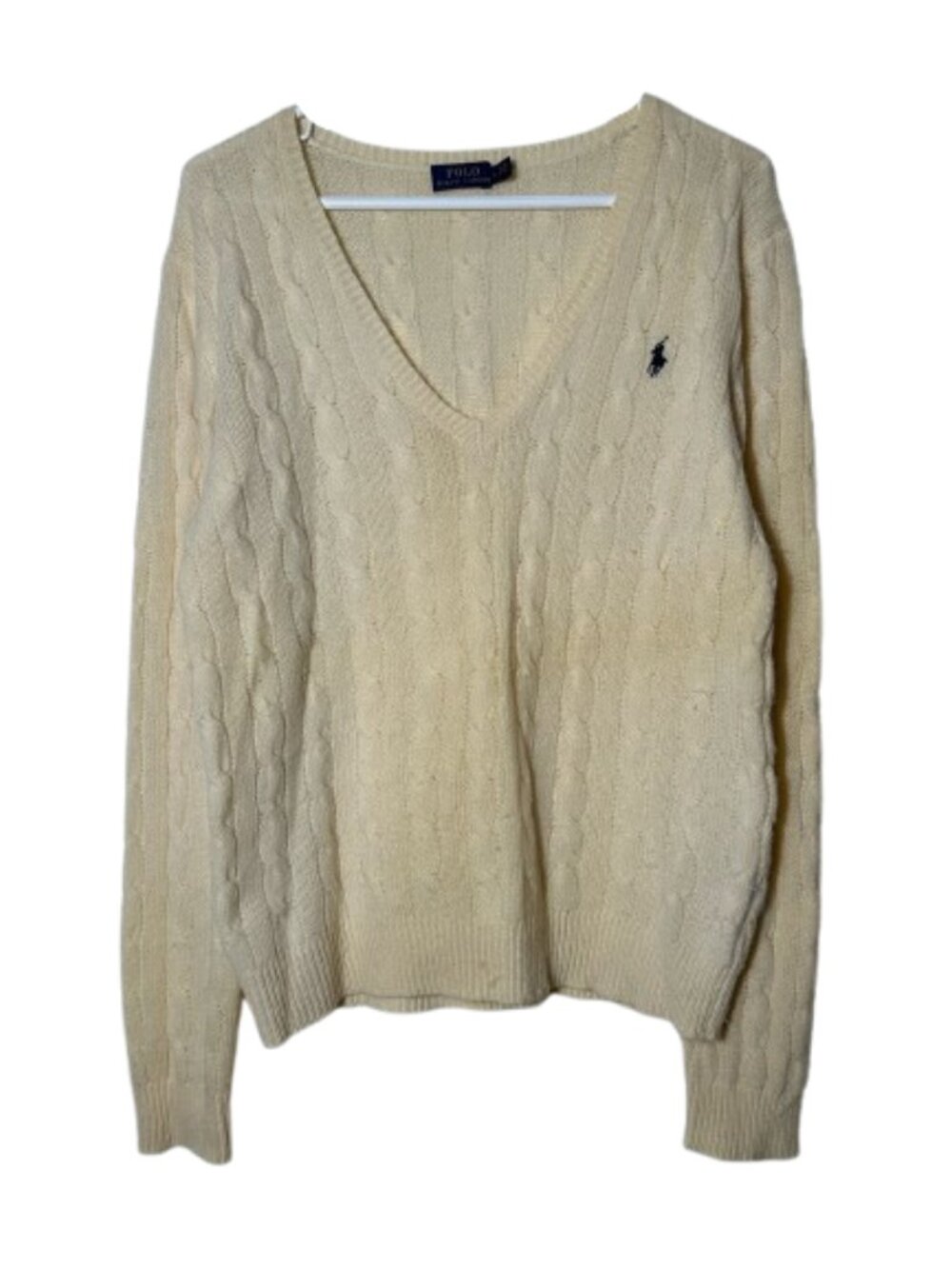 Polo ralph lauren cream cable knit wool cashmere sweater L v-neck
